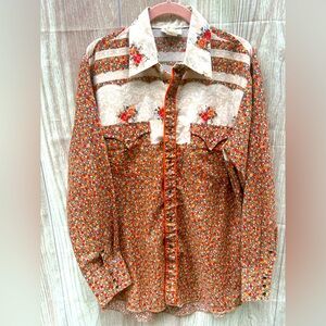 Goatroper 70’s vintage cowgirl western pearl snap floral lace button shirt M
